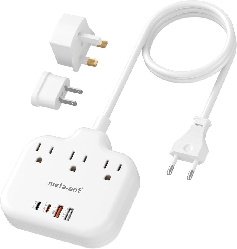 meta-ant PD30W European Travel Plug Adapter, International Power Adapter with 3 Outlets 2 USB-C and 2 USB-A Fast Charger, Universal Travel Adapter with 3ft Extension Cord for EU US UK Europe France Spain - Image 1